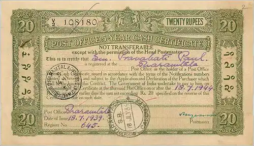Inde India Post Office Cash Certificate