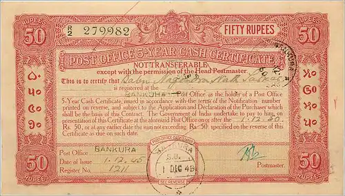 Inde India Post Office Cash Certificate