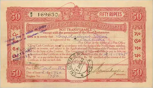 Inde India Post Office Cash Certificate