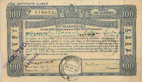 Inde India Post Office Cash Certificate