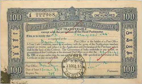 Inde India Post Office Cash Certificate