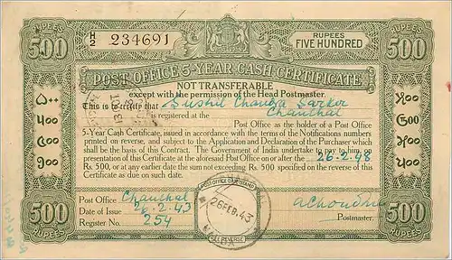 Inde India Post Office Cash Certificate