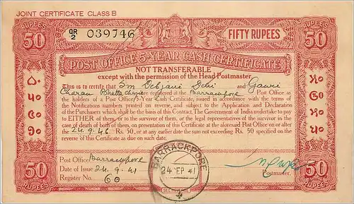 Inde India Post Office Cash Certificate