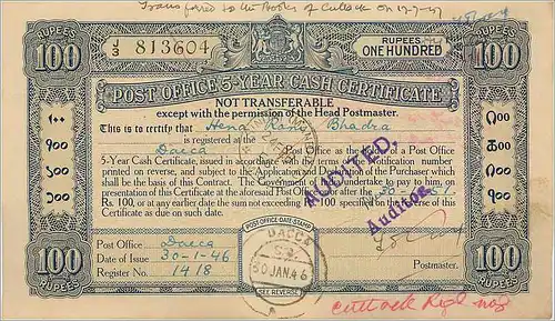 Inde India Post Office Cash Certificate