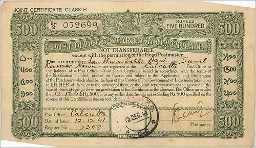 Inde India Post Office Cash Certificate