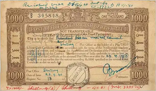 Inde India Post Office Cash Certificate