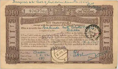 Inde India Post Office Cash Certificate