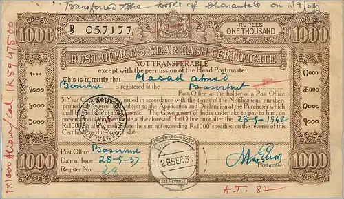 Inde India Post Office Cash Certificate