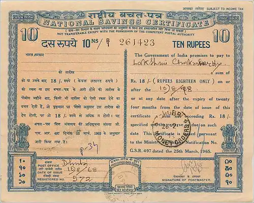 Inde India National Savings Certificate Certificate