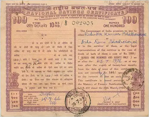 Inde India National Savings Certificate Certificate