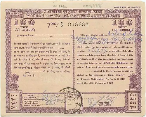 Inde India National Savings Certificate Certificate