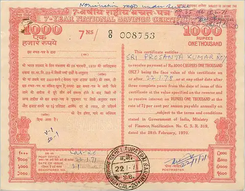 Inde India National Savings Certificate Certificate