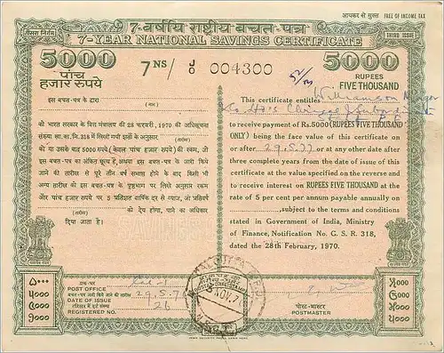 Inde India National Savings Certificate Certificate