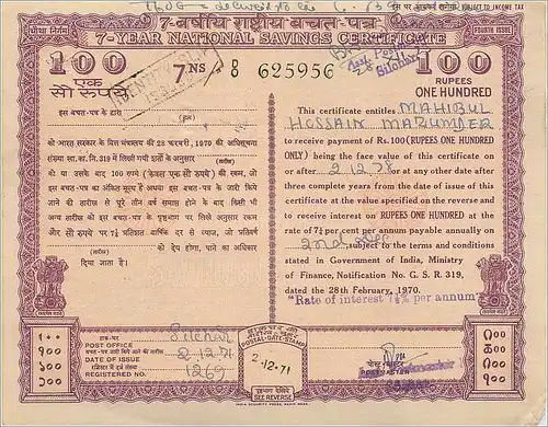 Inde India National Savings Certificate Certificate