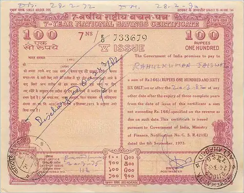 Inde India National Savings Certificate Certificate