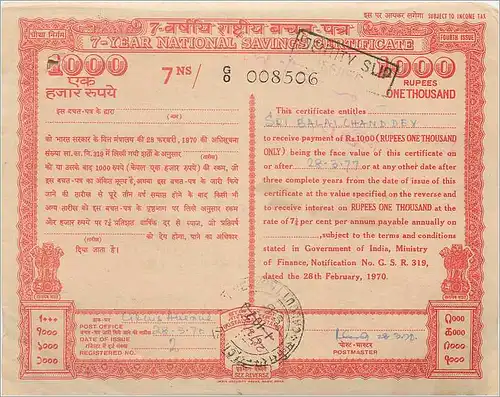 Inde India National Savings Certificate Certificate