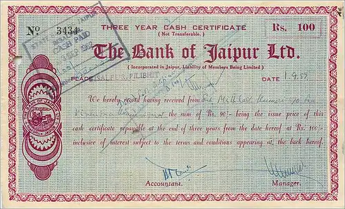 Inde India The Bank of Jaipur 3 years Cast certificate