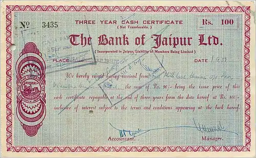 Inde India The Bank of Jaipur 3 years Cast certificate