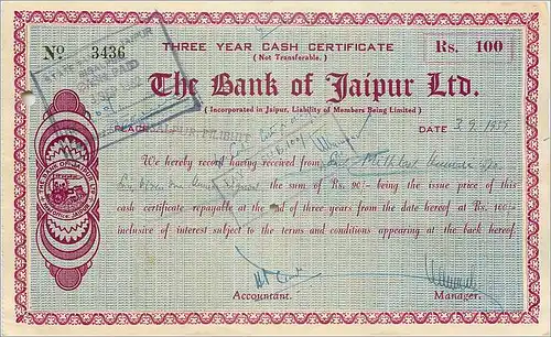 Inde India The Bank of Jaipur 3 years Cast certificate