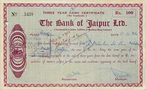 Inde India The Bank of Jaipur 3 years Cast certificate