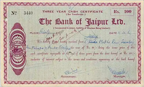 Inde India The Bank of Jaipur 3 years Cast certificate