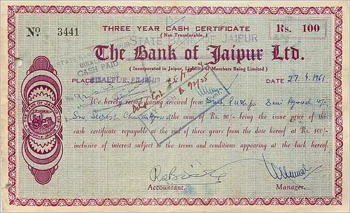 Inde India The Bank of Jaipur 3 years Cast certificate