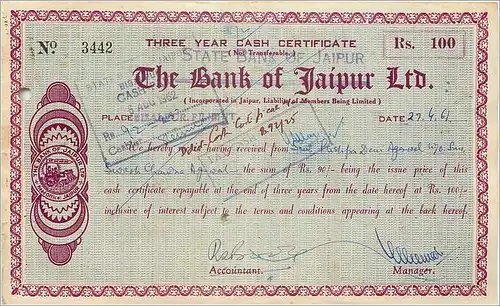 Inde India The Bank of Jaipur 3 years Cast certificate