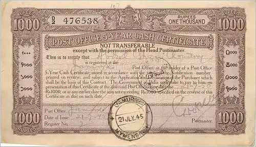 Inde India Fiscal Cash certificate encashed in East Pakistan Rare