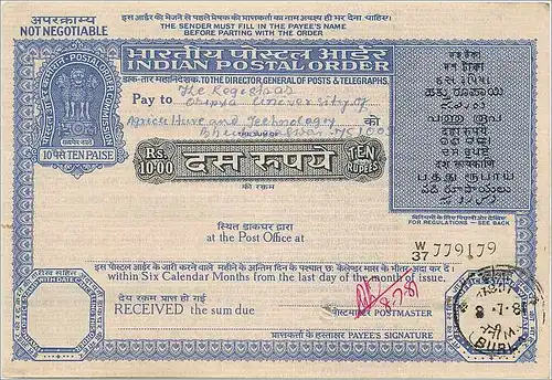 Inde India Postal order