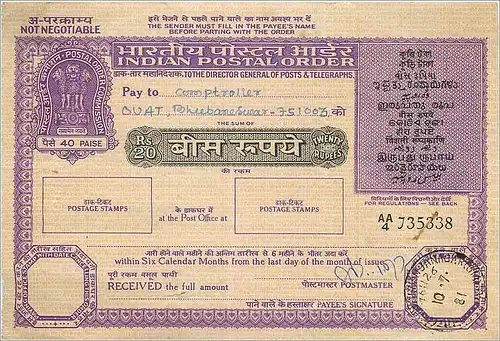 Inde India Postal order