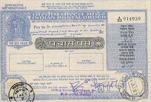 Inde India Postal order