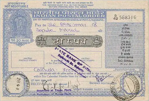 Inde India Postal order