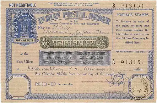 Inde India Money order Lion