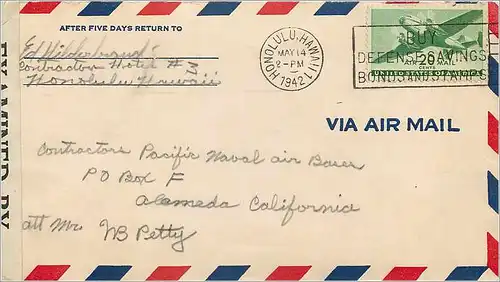 Lettre Cover Etats-Unis Honolulu 1942 Militaria