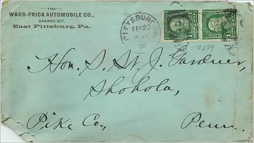 Lettre Cover Etats-Unis Pittsburgh Ward Wrich Automobile  1900