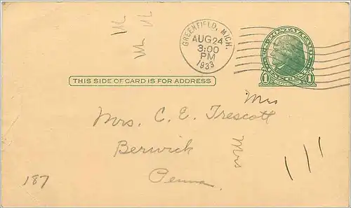 Lettre Cover Etats-Unis 1c 1933 Greenfield