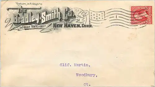 Lettre Cover Etats-Unis 2c Bradley Smith Co New Haven 1902