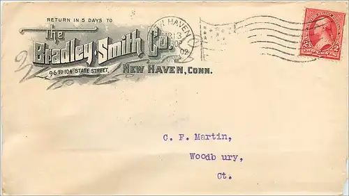 Lettre Cover Etats-Unis 2c Bradley Smith Co New Haven 1901