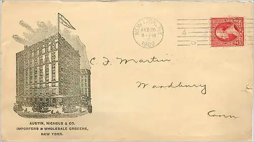 Lettre Cover Etats-Unis 2c Austin Nichols Grocers New York 1901