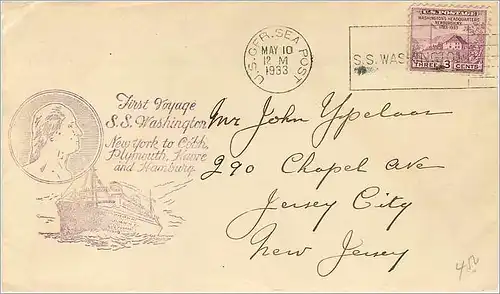 Lettre Cover Etats-Unis US Sea Post 1933 SS Washington