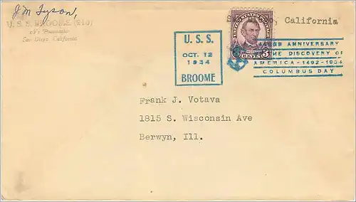 Lettre Cover Etats-Unis USS Broome 1934