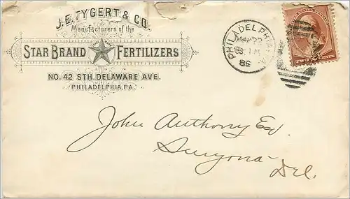 Lettre Cover Etats-Unis 2c Philadephia Star Brand Fertilizers Tygert