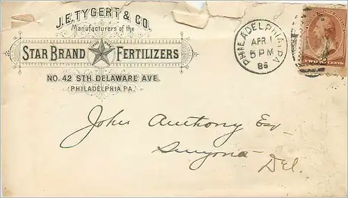 Lettre Cover Etats-Unis 2c Tygery Fertilizers 1886
