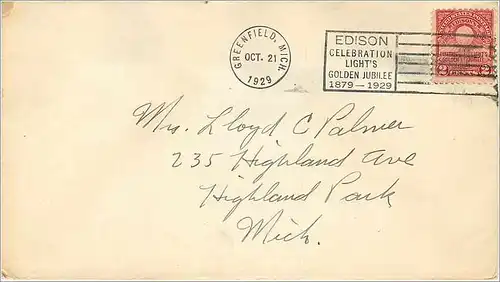 Lettre Cover Etats-Unis 2c Eidons Golden Jubilee Greenfiled 1929