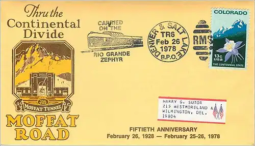 Lettre Cover Etats-Unis Colorado Denver & Salt Lake 1978 Moffat Road