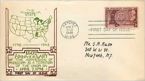 Lettre Cover Etats-Unis FDC Mississippi 1798 Magnolia State 7 APR 1948