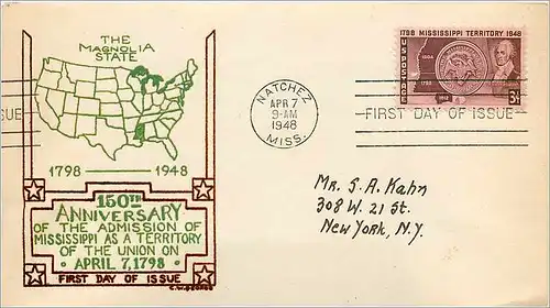 Lettre Cover Etats-Unis FDC Mississippi 1798 Magnolia State 7 APR 1948