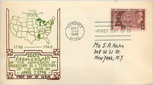 Lettre Cover Etats-Unis FDC Mississippi 1798 Magnolia State 7 APR 1948