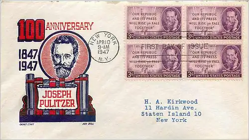 Lettre Cover Etats-Unis Joseph Pulitzer 10 APR 1947 New York FDC
