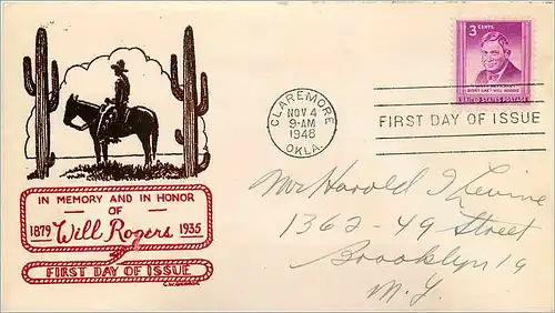 Lettre Cover Etats-Unis FDC Will Rogers 4 NOV 1948 Claremore
